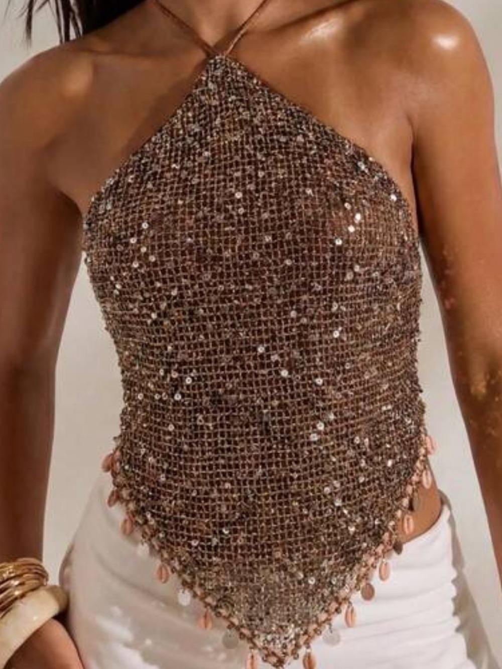 Brown Sequin Halter Mesh Top